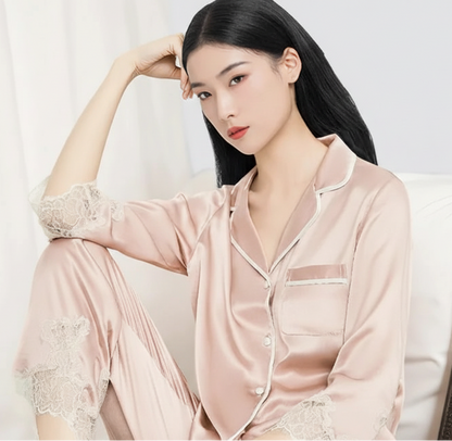 Mulberry Silk Pajama Set with Lace Trim 3-Piece Loungewear Loran
