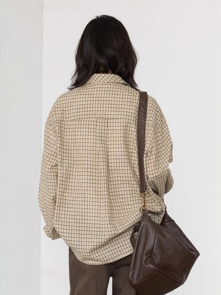 Retro Plaid Embroidered Shirt Loose Casual Autumn Blouse Loran