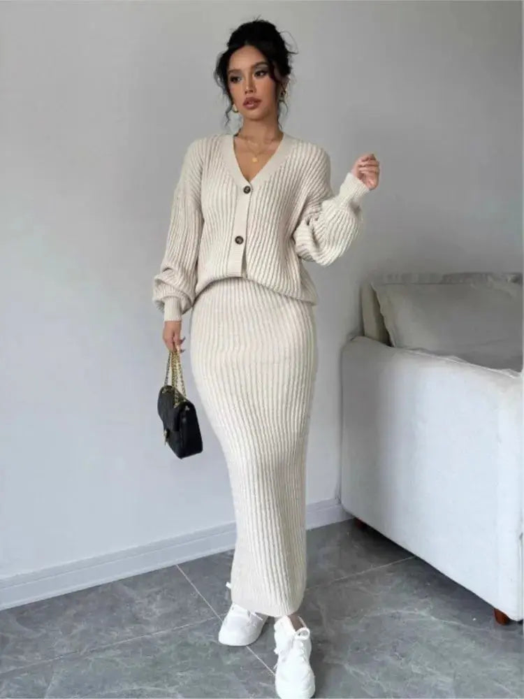 Knitted Cardigan Sweater & Skirt Two-Piece Suit - Loran