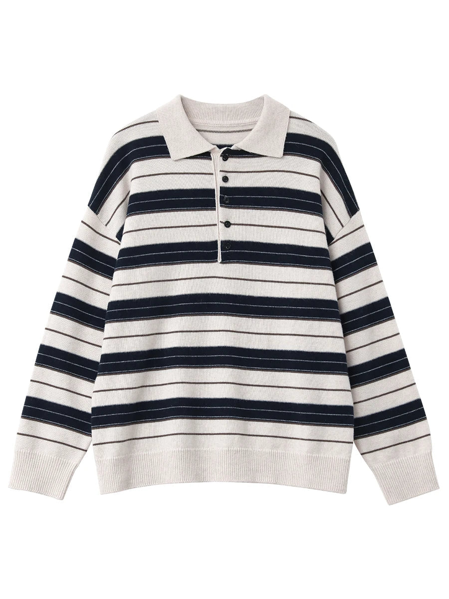 Striped Polo Collar Sweater Casual Knit Pullover Loran