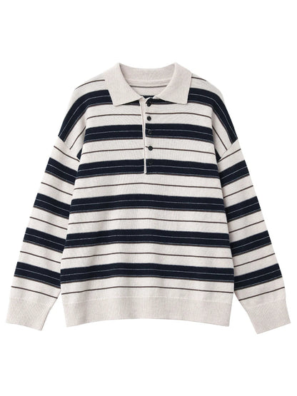 Striped Polo Collar Sweater Casual Knit Pullover Loran