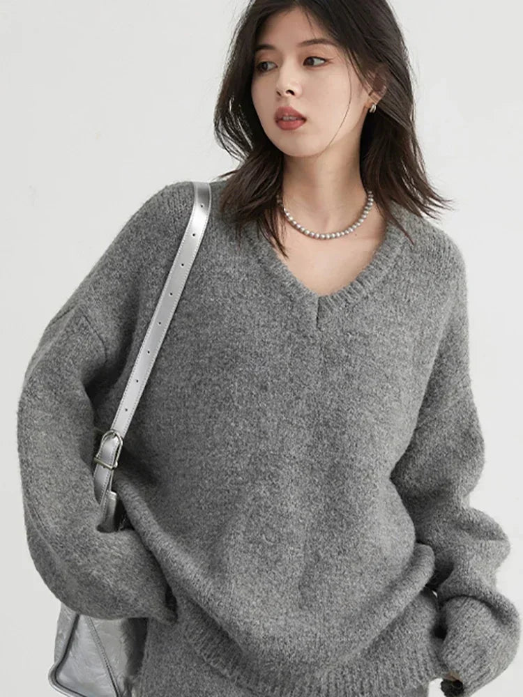 CHIC VEN Fashion Women Skirt Set Pullover Loose New Mini V-neck Solid Sweater Straight Leg Skirts Spring Autumn 2024 Loran
