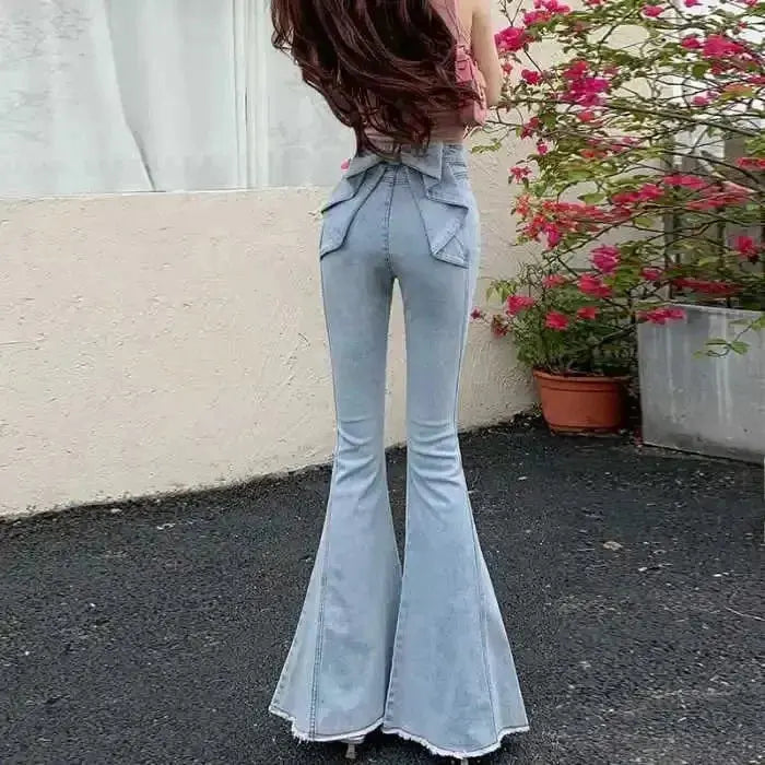 High-Waist Denim Flares with Bow Detail - Loran