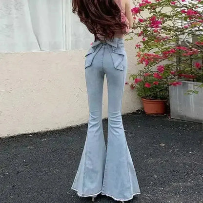 High-Waist Denim Flares with Bow Detail - Loran