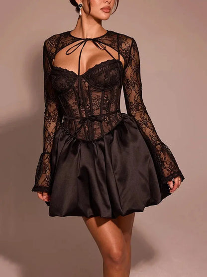 Black Lace Puff-Sleeve Mini Dress - Loran