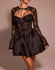 Black Lace Puff-Sleeve Mini Dress