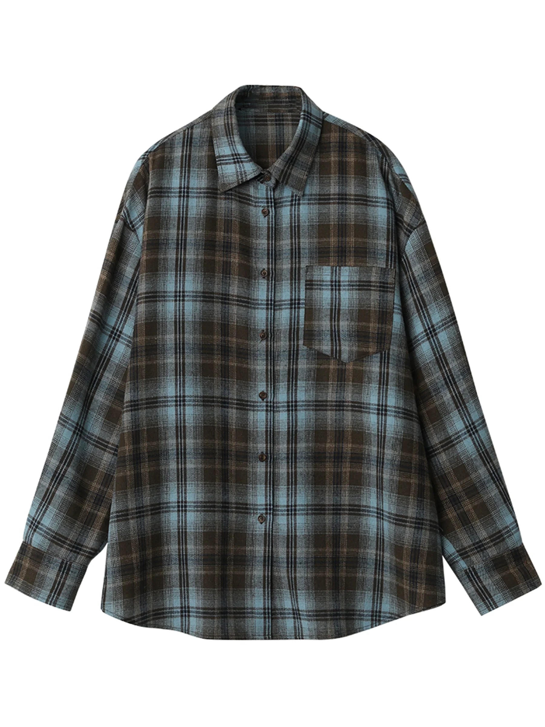 Women’s Long Sleeve Plaid Shirt Coat Loose Casual Blouse Loran