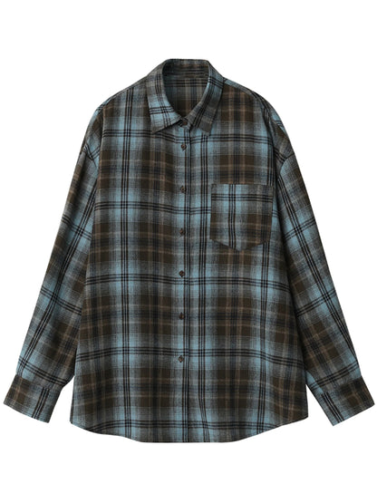 Women’s Long Sleeve Plaid Shirt Coat Loose Casual Blouse Loran