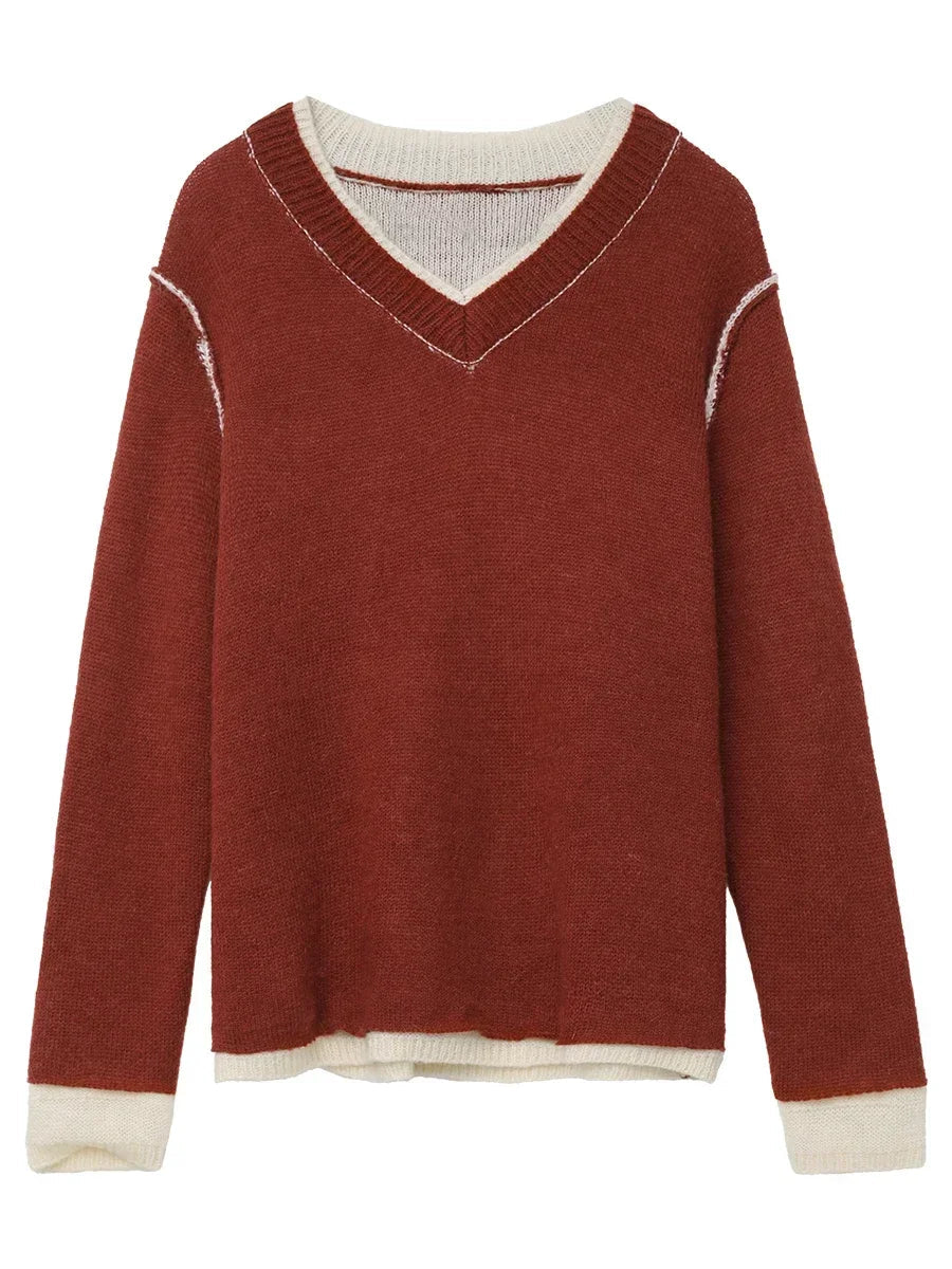 CHIC VEN Women Sweaters Long Sleeves Loose Pullovers Korean Color Block V-neck Patchwork Female Knitted Top Autumn Winter 2024 Loran