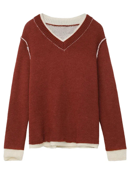CHIC VEN Women Sweaters Long Sleeves Loose Pullovers Korean Color Block V-neck Patchwork Female Knitted Top Autumn Winter 2024 Loran