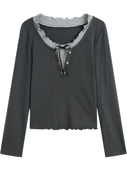 Sweet Ruffled Faux Two-Piece Knit Top (Plus Size) LORAN STORE