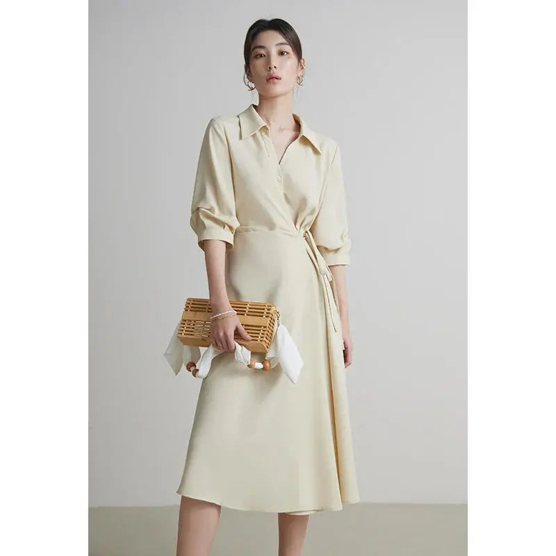 Temperament Black A-Line Drape Dress with Turn-down Collar - Loran