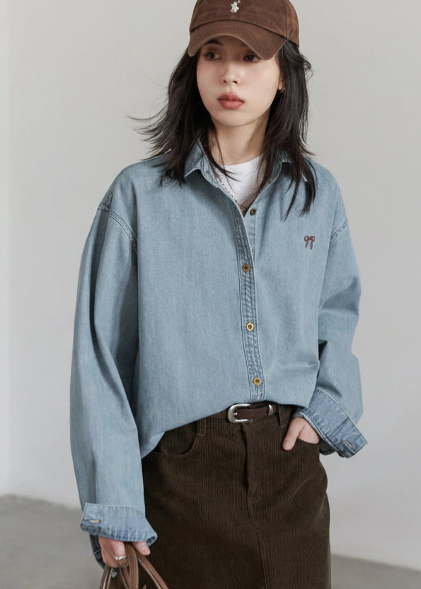 Bow Embroidered Denim Shirt Loose Blue Blouse