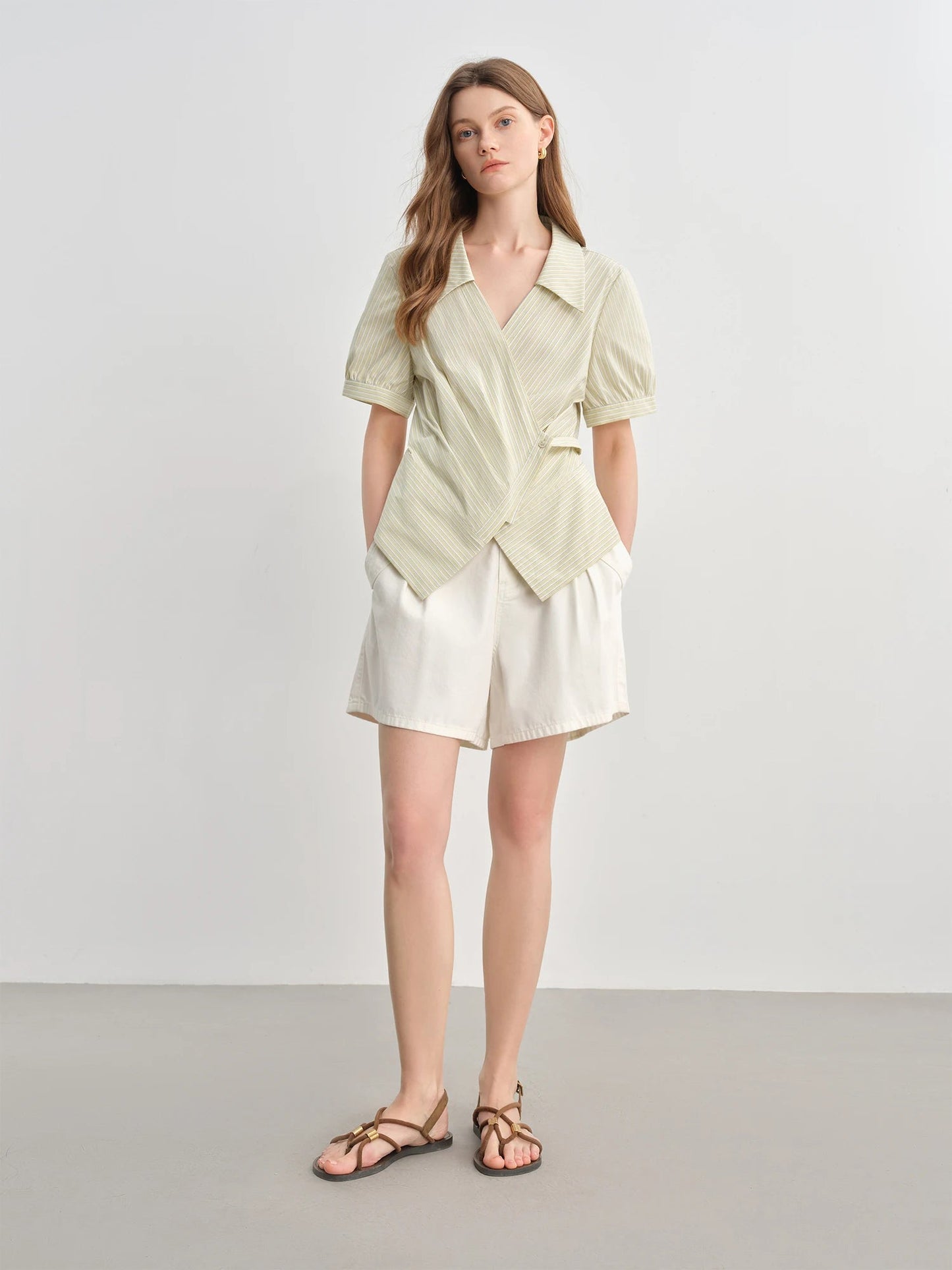 Striped Wrap Shirt V-Neck Summer Office Blouse Loran