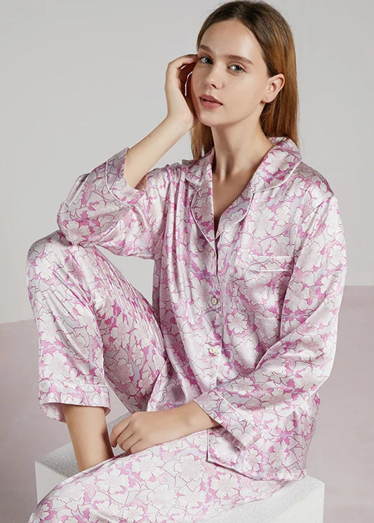 19MM 100% Mulberry Silk Pajamas Women Silk Sleepwear Lady Long-sleeved TrousersTwo-piece Spring Summer  Loose Sexy Home Clothes Loran