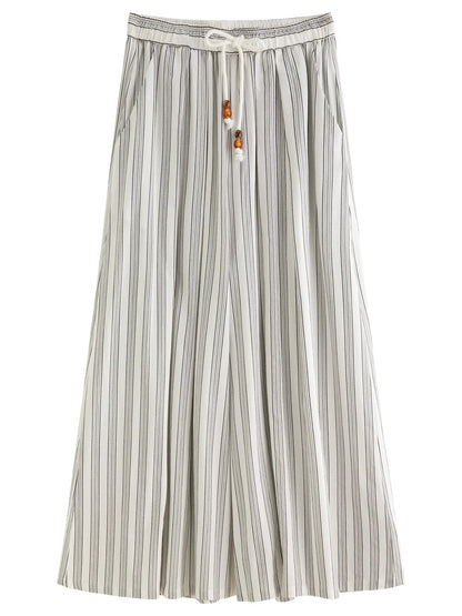 Cotton-Linen Wide Leg Pants Striped Resort Wear Loran