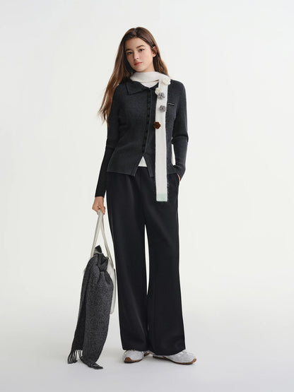 Slim-Fit Lapel Cardigan Ribbed Long Sleeve Fall Top Loran