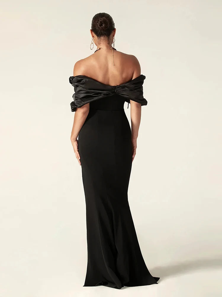 Satin Ruffle Shoulder High Slit Long Dress