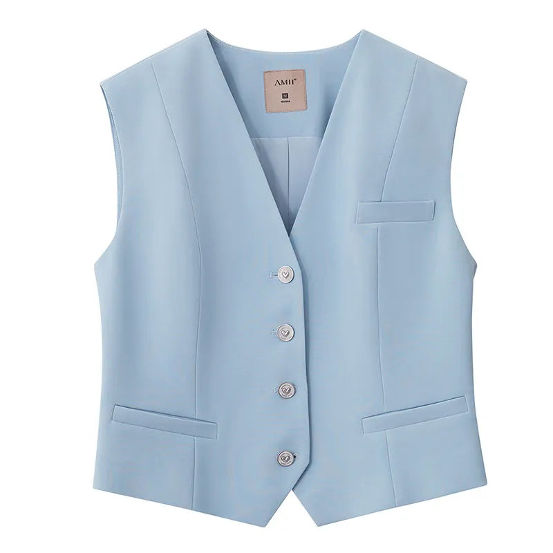 Amii Women's Vest 2026 Spring New Commuter V-neck Buckle Sleeveless Vest Female Slim Short Solid Color Versatile Top 12621085 Loran