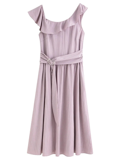 Lavender Ruffled Off-Shoulder Long Dress - Loran