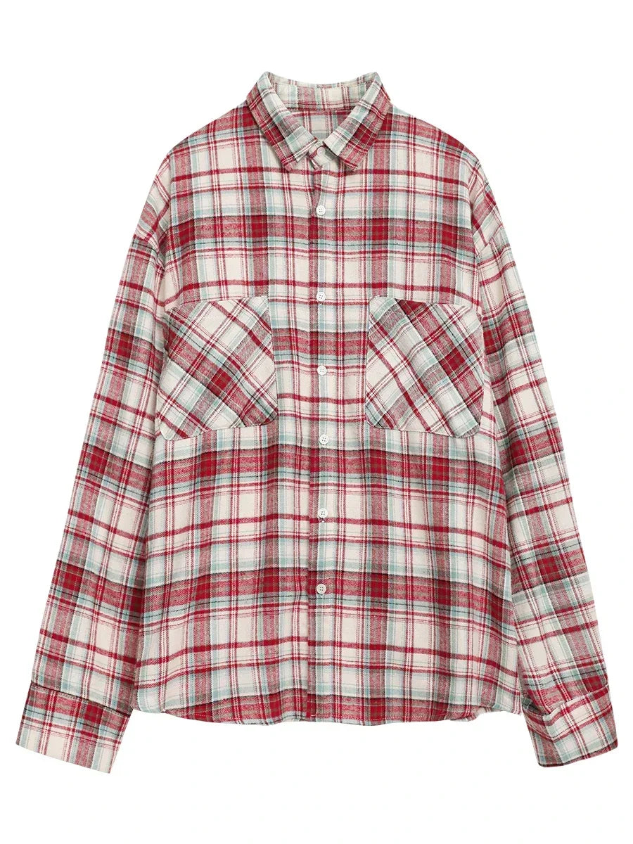 Retro Color Block Grid Cotton Shirt Loose Fit Blouse Loran