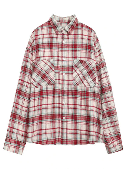Retro Color Block Grid Cotton Shirt Loose Fit Blouse Loran