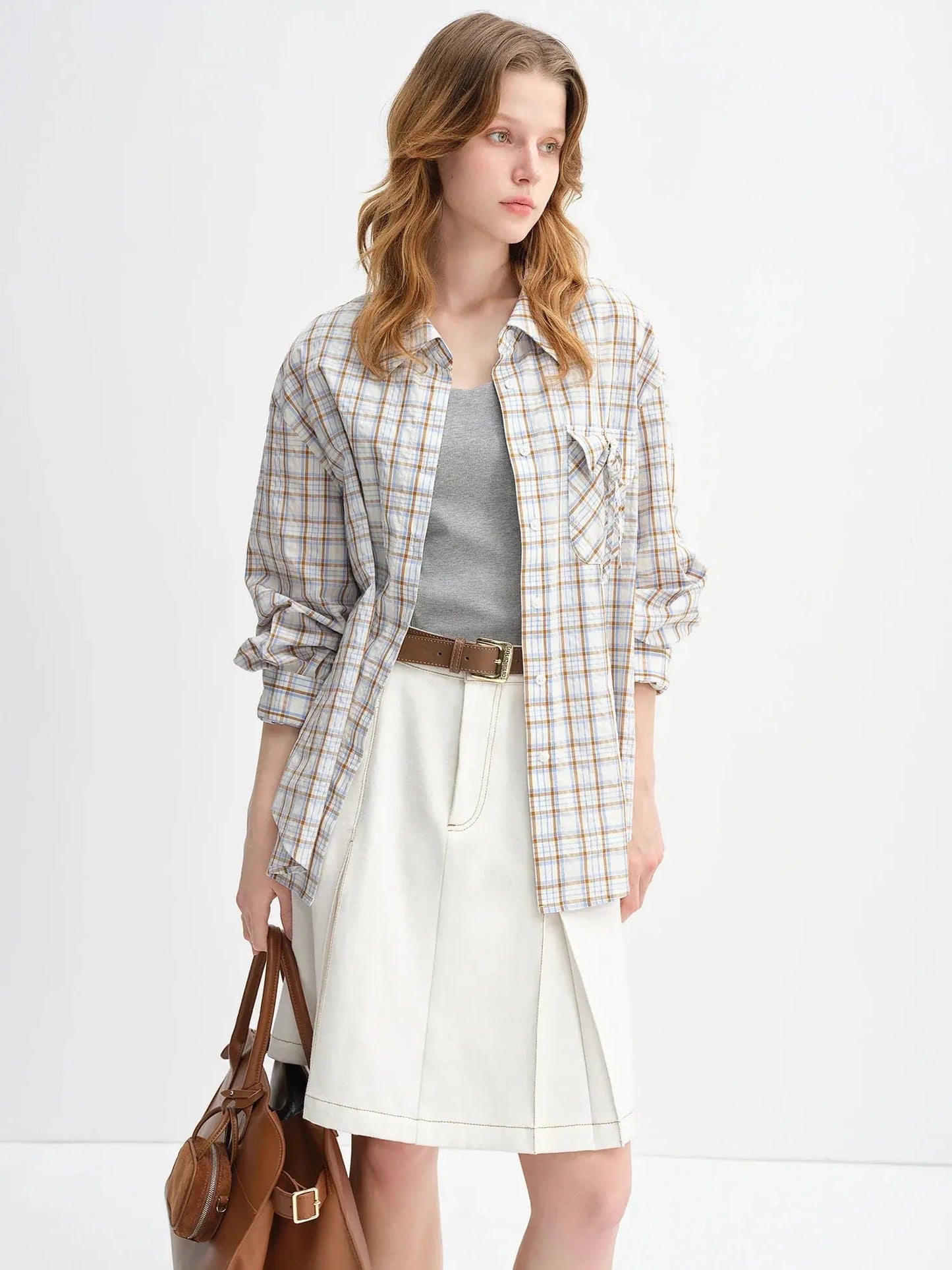 Plus Size Plaid Accent Drawstring Shirt LORAN STORE
