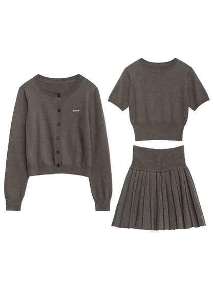 CHIC VEN Women Skirt Sets Solid Knitted Cardigan Short Sleeved Top Female Pleated Skirt Three Piece Optional Spring Autumn 2024 Loran