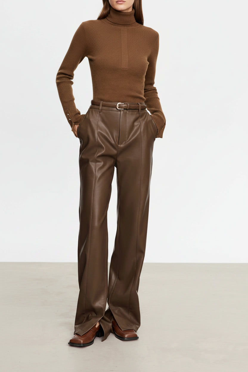 AMII Minimalist PU Leather Casual Pants for Women 2025 Autumn New Loose Floor Length Straight Slit Female Trousers 12343250 Loran