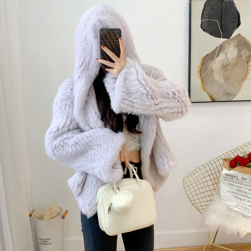 Luxurious Rabbit Fur Knit Hooded Coat