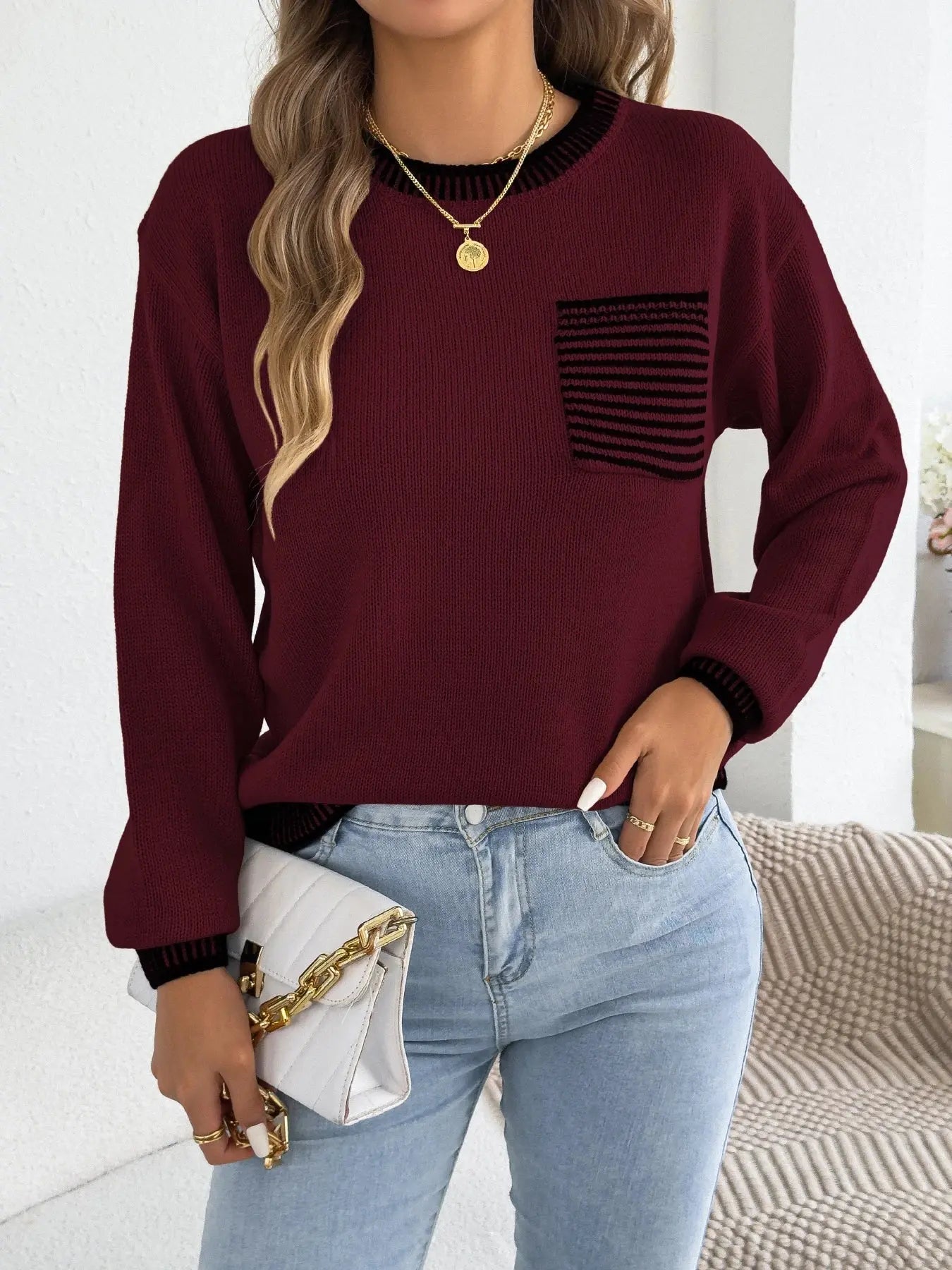 Chic Striped Color Block Knitted Top with Pockets - Lantern Sleeve Style - Loran