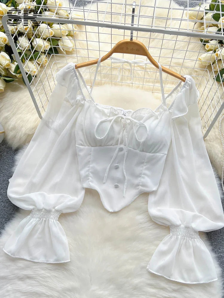 Halter Backless Blouse with Ruffle Flare Sleeves