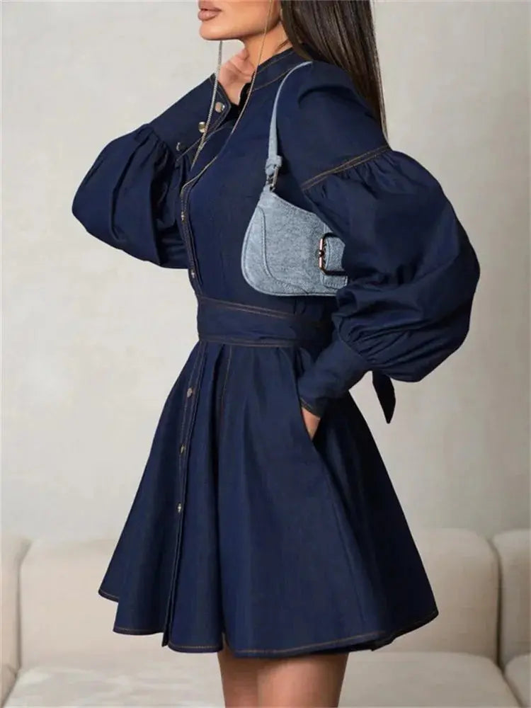 Lace-Up Patchwork Denim Mini Dress - Loran