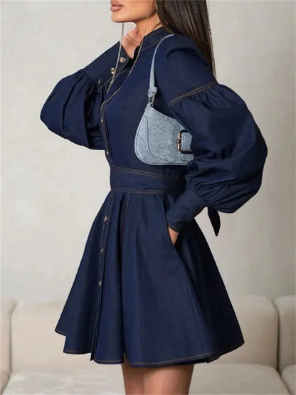 Lace-Up Patchwork Denim Mini Dress - Loran