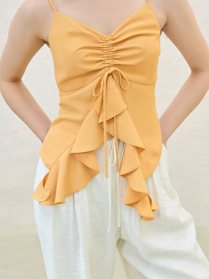 Irregular Ruffle Strappy Top Solid Color Summer Vest Loran