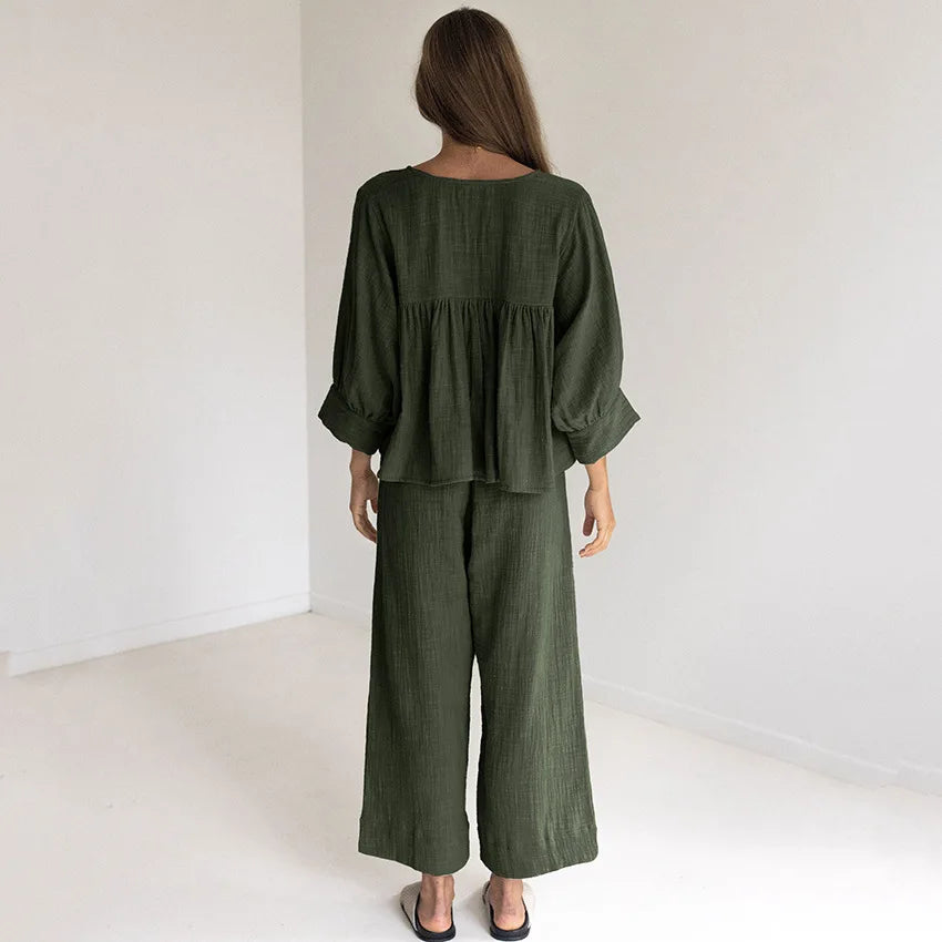 Women's 2-Piece Cotton Pajama Set V-Neck Sleepwear Loran