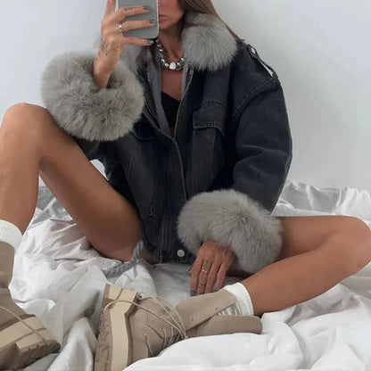 Light Blue Denim & Fur Winter Coat - Loran