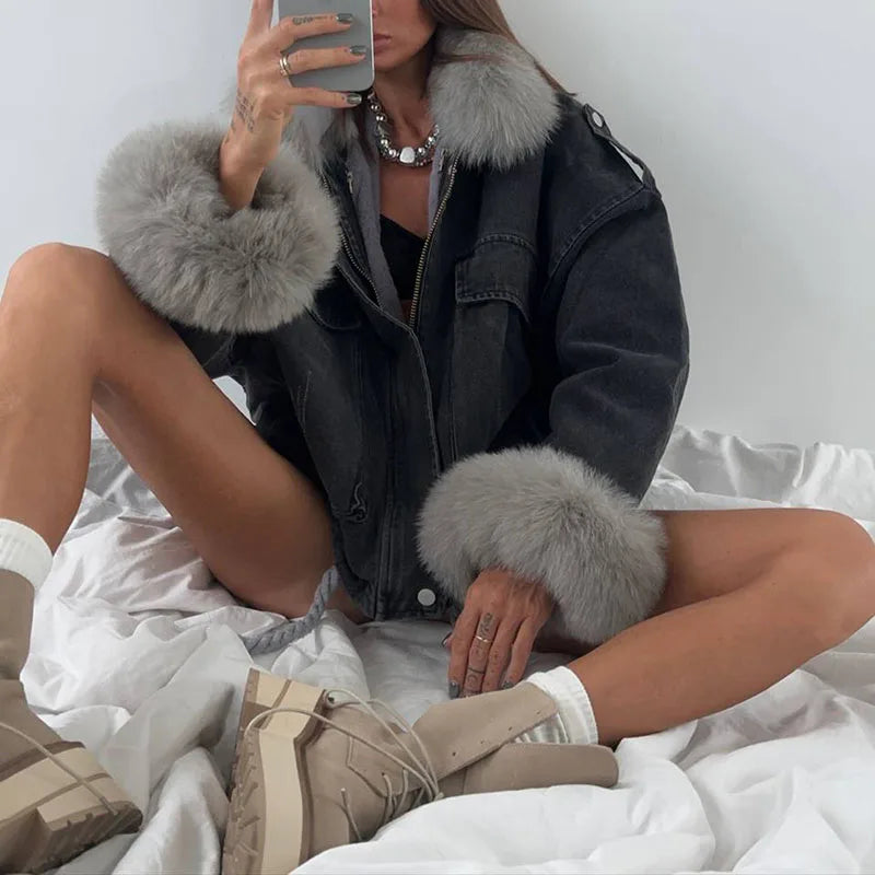 Light Blue Denim & Fur Winter Coat