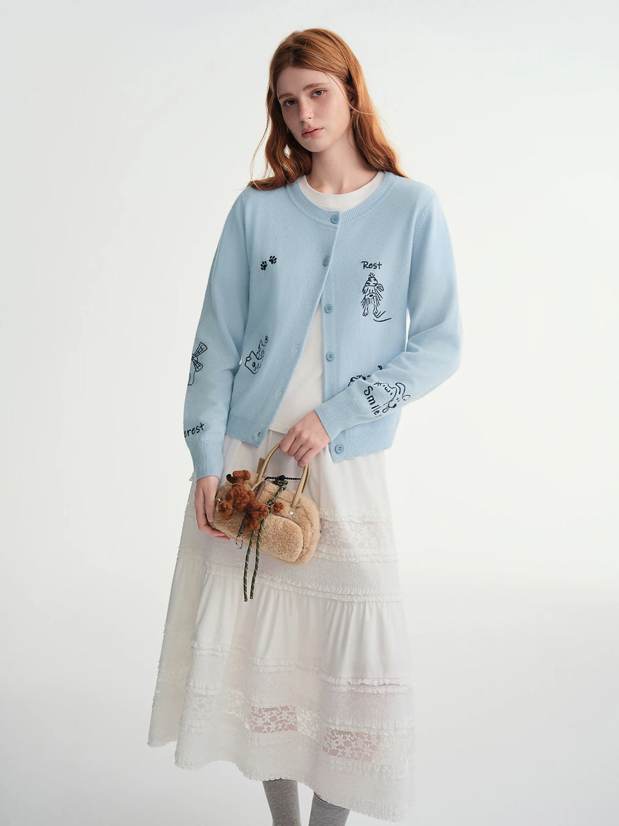 Plus-Size Pet-Embroidered Wool Cardigan