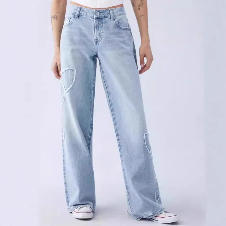 Vintage Wide-Leg Denim with Bow Embroidery