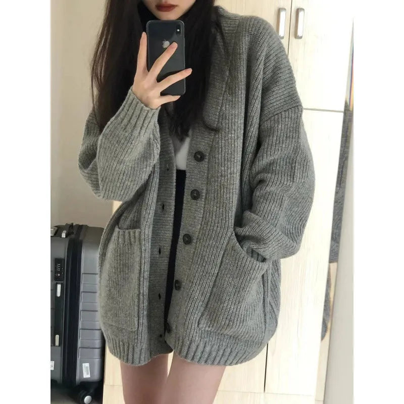 Casual V-Neck Long Sleeve Sweater Coat for Female Style