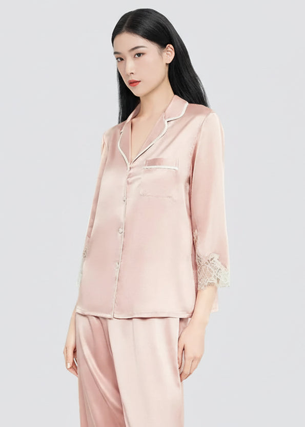 Mulberry Silk Pajama Set with Lace Trim 3-Piece Loungewear Loran