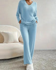 Women's Ribbed Knit Set - V-Neck Sweater & Pants