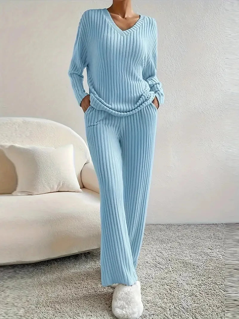 Women's Ribbed Knit Set - V-Neck Sweater & Pants