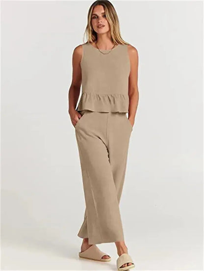 Summer Pleated Wide-Leg Pant Set - Loran