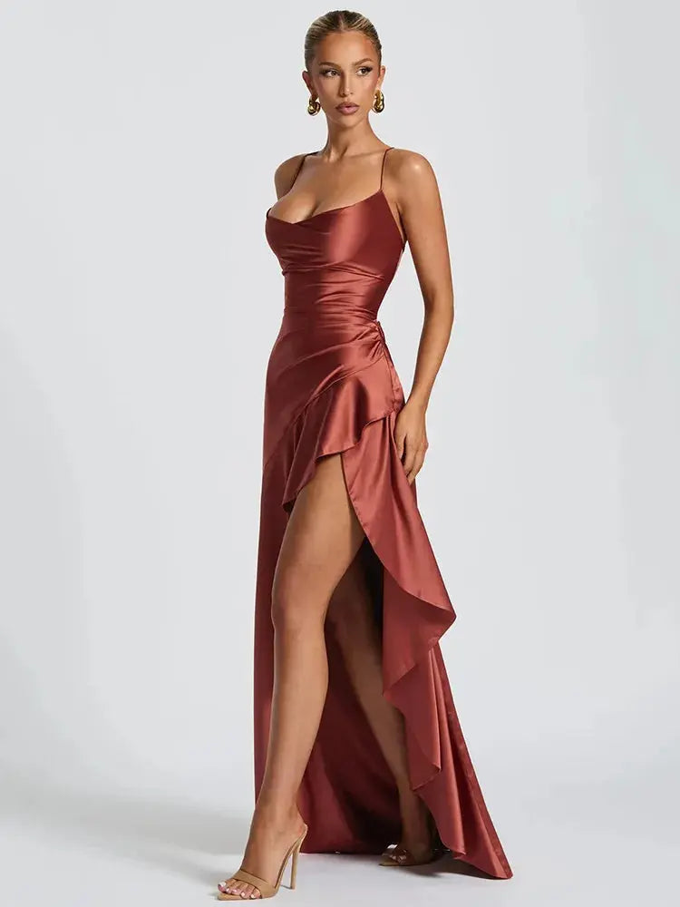 Backless Satin Bodycon Dress with Split - Loran