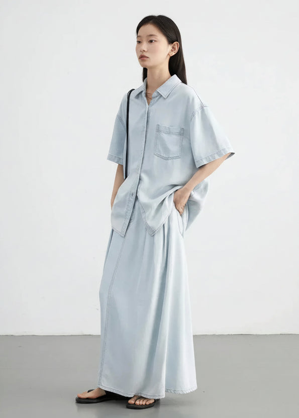 Blue Denim Set: Loose Shirt & Elastic Waist Shorts/Skirt Loran