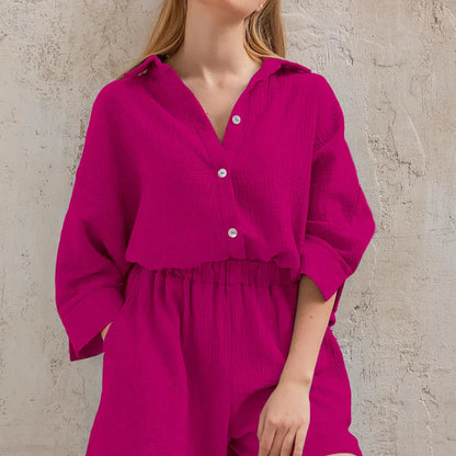 Women's Cotton Pajama Set Casual Collar Sleepwear Suit Loran
