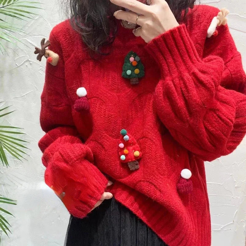 Christmas Tree Appliques Loose Pullovers Long Sleeve Knitted Sweaters - 3IN SMART Shop  #