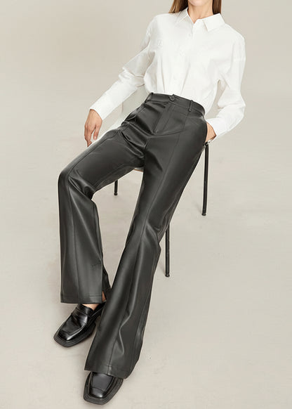 AMII Minimalist PU Leather Casual Pants for Women 2025 Autumn New Loose Floor Length Straight Slit Female Trousers 12343250 Loran